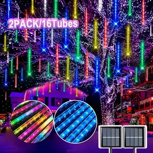 2-Pack Solar Meteor Shower String Lights, 16 Tubes 11.8-Inch Hanging Lights, Suitable for Halloween, Christmas, Party Lighting Decoration, Music Stage, Roof Eaves Decoration, Solar String Light Outdoor, Solar Light Tube, Fairy Light