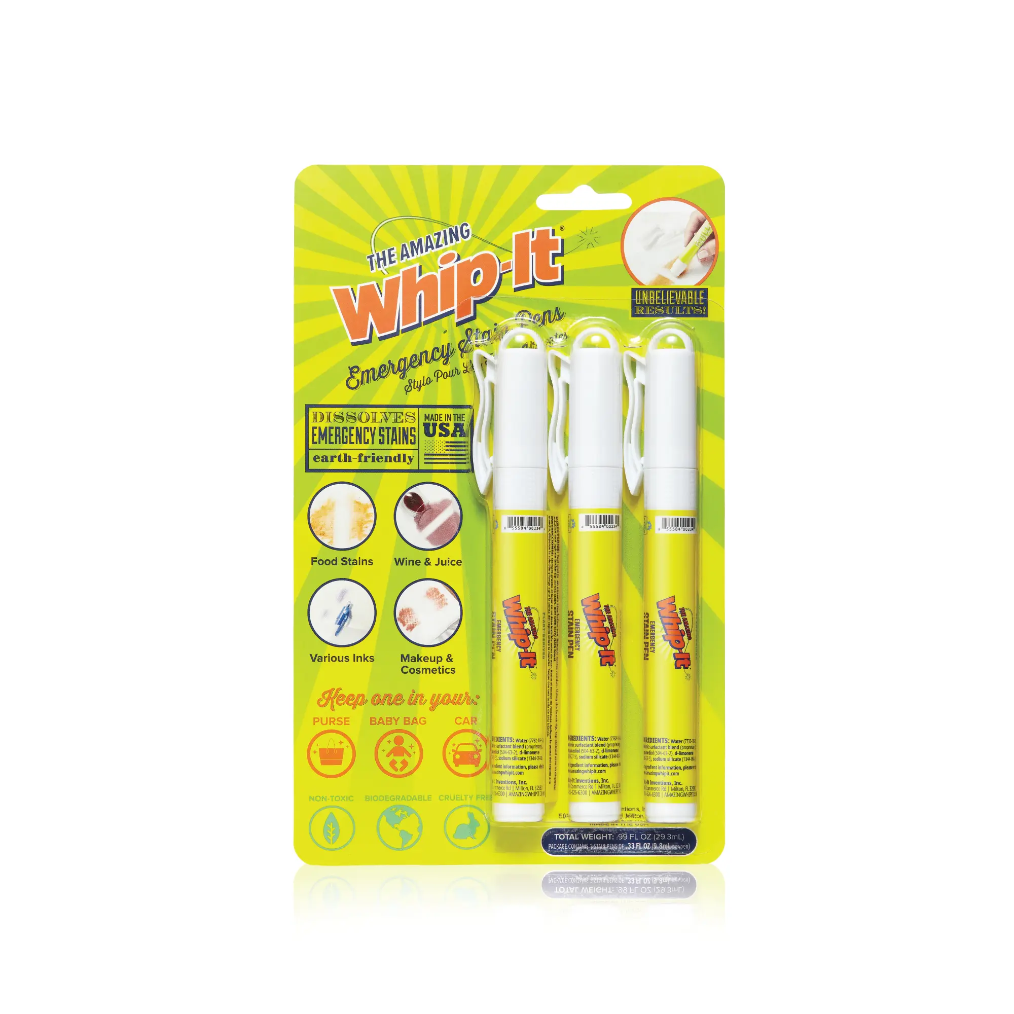 Whip-It Emergency Stain Pens 3 Pack- REFILLABLE PENS using Whip-It Concentrate