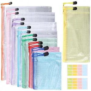 15 Pcs PVC Transparent Zipper File Bag with 2 Sheets Label Stickers, Suitable for Storing Office Supplies, Travel Documents, and Cosmetics