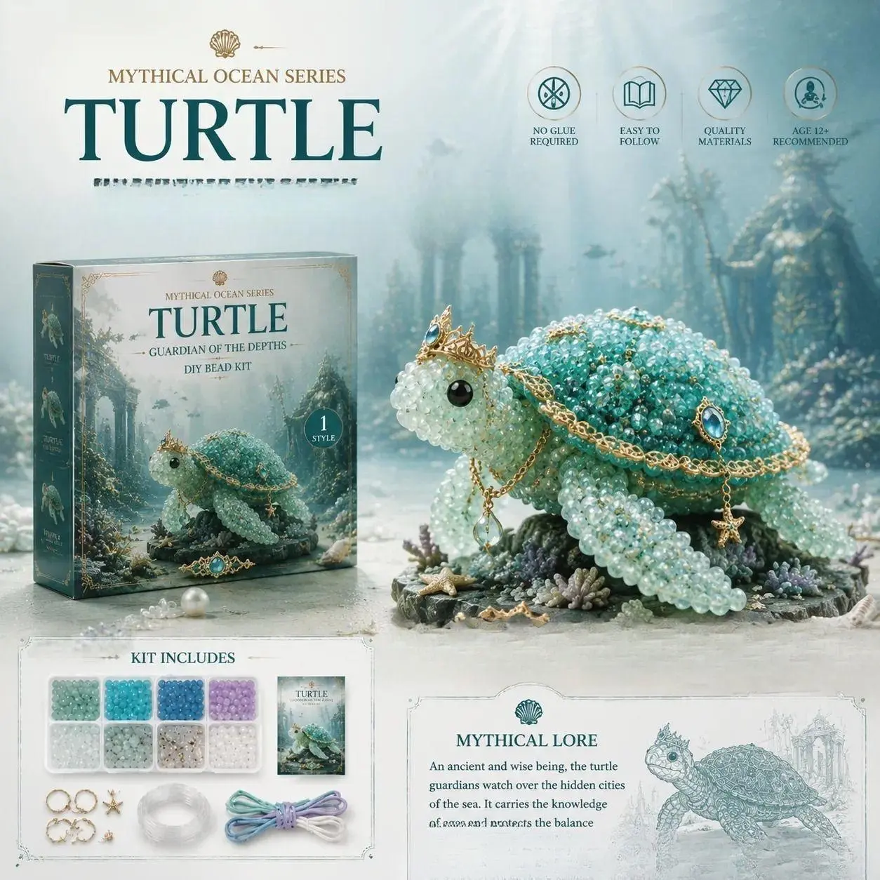 Mythical Ocean Turtle DIY Bead Kit - Parent-Child Interactive Handcraft Set, Home Wall & Table Ornament, Halloween Holiday Gift for Kids (Turtle DIY Decorations)