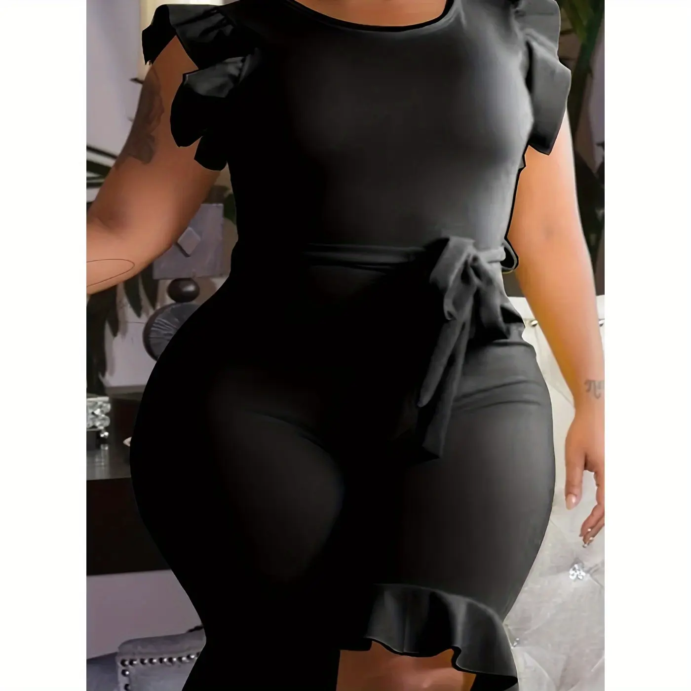 Solid color ruffle sleeve crew neck lace-up jumpsuit