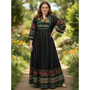 Women's Smooth Soft V Neck A-Line Bohemian Print Lightweight Breathable 3/4 Sleeve Dress, Versatile Comfortable Fabric Maxi Skirt for Spring & Summer, Slimming Vintage Ethnic Style Casual Outfit
