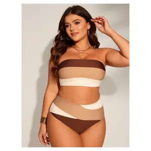 Plus Size Bandeau Bikini Set - Women's Color Block Swimsuit, High Waisted Two Piece Bathing Suit, Removable Straps, Curve & Chloe Sizes 12-30