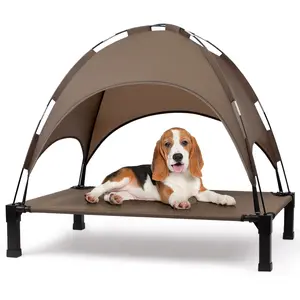 Niubya Cooling Elevated Dog Bed, Portable Raised Pet Cot with Removable Canopy and Washable Mesh,Large,Brown
