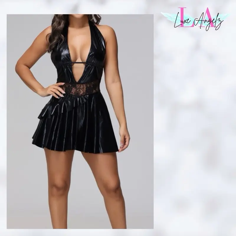 Luxe Angelz Halter Leather Dress - Black, Sleeveless, Plunging Neckline, Above the Knee, Summer Style