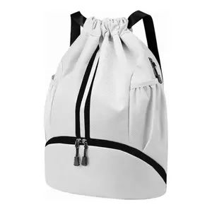 Sports Drawstring Backpack - String Swim Gym Bag with Shoes Compartment and Wet Proof Pocket for Women/Men (White)