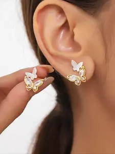 Butterfly Design Rhinestone Decor Stud Earrings, Copper Earrings, Butterfly Motif Earrings, Elegant Jewelry for Women for Party, Daily Clothing Decor, Trendy All-match & Exquisite Jewelry for Birthday Gift
