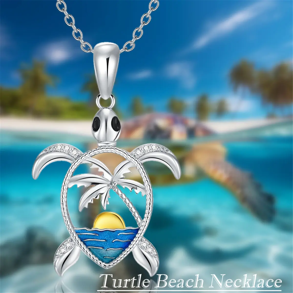 Unisex Alloy Pendant Necklace - Exquisite Shimmering Zircon, Sea Turtle, Palm Tree & Geometric Ocean Wave Accents, Handcrafted Casual Animal-Themed Jewelry, Daily Coastal Gift for Women-Men Summer Vacation Accessory, Unisex Jewelry, Beach, Coastal Eleganc