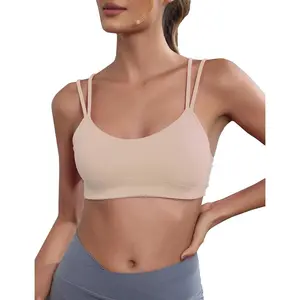 Yoga Sports Workout Bras for Women Seamless Molded Cup Spaghetti Double Strap Bra Wirefree Scoop Neck Tank Top Bras