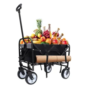 Foldable 4-Wheel Cart, Beach Cart, Trolley, Foldable, with Tie-Down System, with Wheels, Suitable for All Terrain, with Brakes, Cooler Bag, Suitable for Camping, Beach Shopping and Fishing