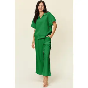 Gamis Double Take Full Size Texture Half Zip Short Sleeve Top and Pants Set for Women - Comfortable Oversized Clothes with Spandex Fabric