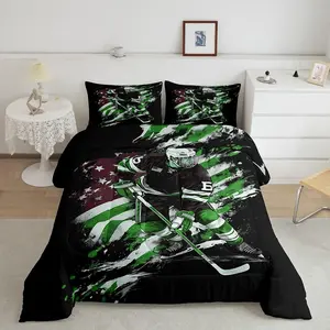 Feelyou Ice Hockey Theme Bedding Set - Black and Green American Flag Comforter Set with Duvet Insert for Boys, Men