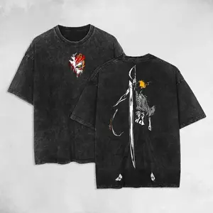 Retro Limited Edition "Ichigo" — *Bleach* Anime Double-Sided Print Acid-Washed T-Shirt. A unisex, loose-fit style crafted from lightweight, acid-washed cotton featuring an anime-manga aesthetic. An excellent gift for anime fans and enthusiasts.