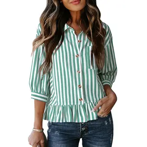 Striped V Neck 3/4 Length Sleeve Button Down Shirts for Women Ruffle Summer Tops Dressy Casual Blouses