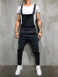 Men's Solid Color Plain Denim Overalls Ripped Jeans, Casual Comfy Loose Fit Overalls Jeans for Daily Wear, Fashion Men's Clothes, Menswear, for All Seasons