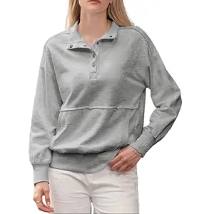 Shewin 2026 Spring Oversized Ribbed Pullover - Women's Button-Down Sweatshirt with Kangaroo Pocket, Comfy Casual Layering for Spring Outfits