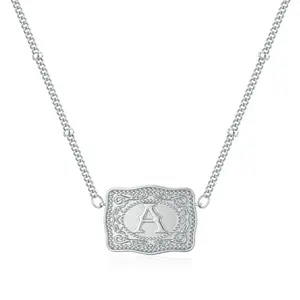 Titanium Steel Rhodium-Plated Initial Letter Pendant Necklace with Embossed Belt Buckle, Personalized Pendant Necklace for Women