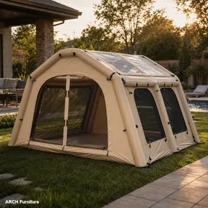 Large Size 6.3 sq m 4-Season Inflatable Camping Tent, 420D Oxford Fabric Waterproof Windproof Tent with Transparent Skylight, Mesh Windows and Mesh Doors, Four-Seasons