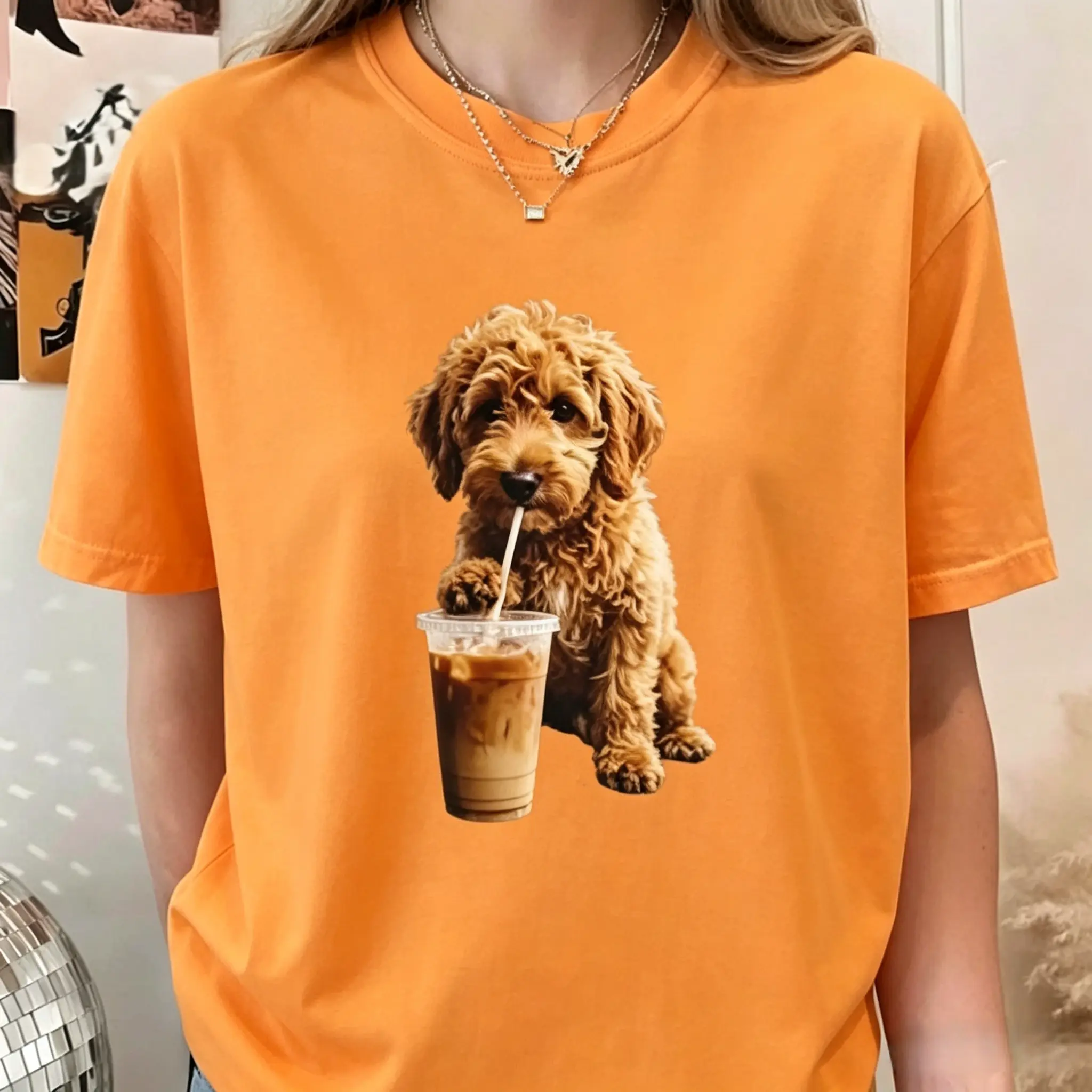 Women's 100% Cotton Short-Sleeve Oversized Cropped Graphic T-Shirt - S-5XL Cocker Spaniel Coffee Print Tops, Soft Everyday Wear Style Wardrobe Staples, Shortsleeve, Plus Size Basics, Fit, Coffee Graphic, Cropped Cut, Casual, Fabric