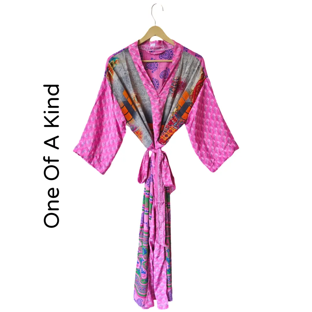 Recycled Silk Vintage Kimono - Hot Pink, Lapis, Orange and Green