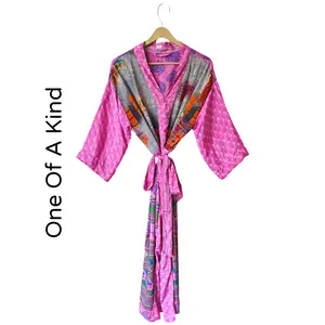 Recycled Silk Vintage Kimono - Hot Pink, Lapis, Orange and Green