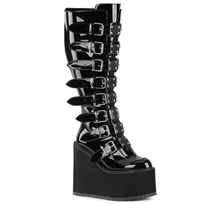 Demonia Swing-815WC Round Toe Platform Wedge Knee High Boot for Women with 8 Buckle Straps and Metal Plates
