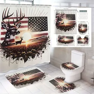 1/4pcs Wildlife Patriotic Deer Flag Shower Curtain Set with Toilet Lid Cover, Bath & Floor Mat - Rustic Sunset American Flag & Deer Silhouettes Decor, Stylized Plants Leaves, Ideal for Patriotic, Hunting Themed Bathroom Decoration Accessories, 4-Piece Set