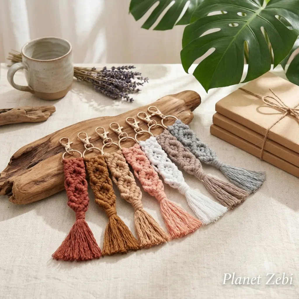 Handmade Macrame Keychain Boho Tassel Bag Charm Braided Cotton Accessory Gold Clip