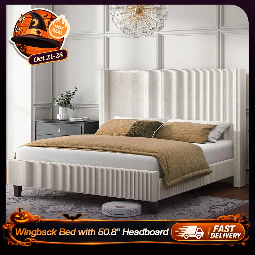 【Bed Frame Only】VanAcc Upholstered Platform Bed Frame, Wingback Bed with 50.8" Headboard, Modern Corduroy Design, Solid Wood Leg/No Box Spring Needed, Unique Bedroom Furniture  #TikTokShopBlackFriday #TikTokShopBlackFriday #Chrismas decor