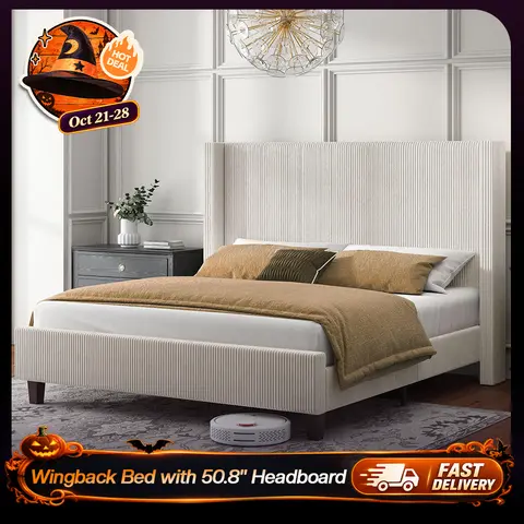 【May Ship in 2 Boxes】VanAcc Upholstered Platform Bed Frame, Wingback Bed with 50.8" Headboard, Modern Corduroy Design, Solid Wood Leg/No Box Spring Needed, Unique Bedroom Furniture  #TikTokShopBlackFriday #TikTokShopBlackFriday #Chrismas decor