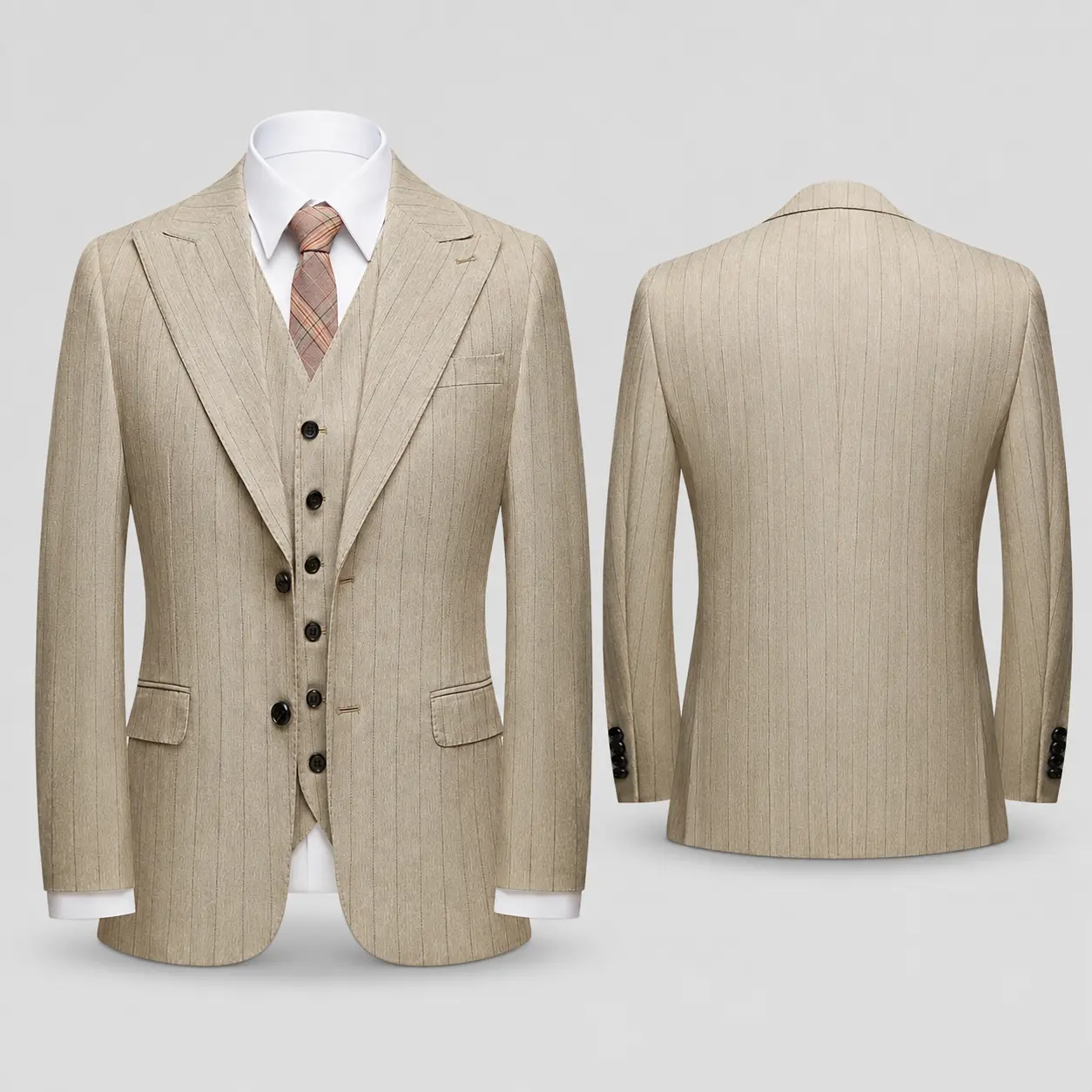 Elegant Beige & Gray Pinstripe Men's 3-Piece Suit with Matching Vest for Weddings, Business, Prom & Formal Occasions sohochic