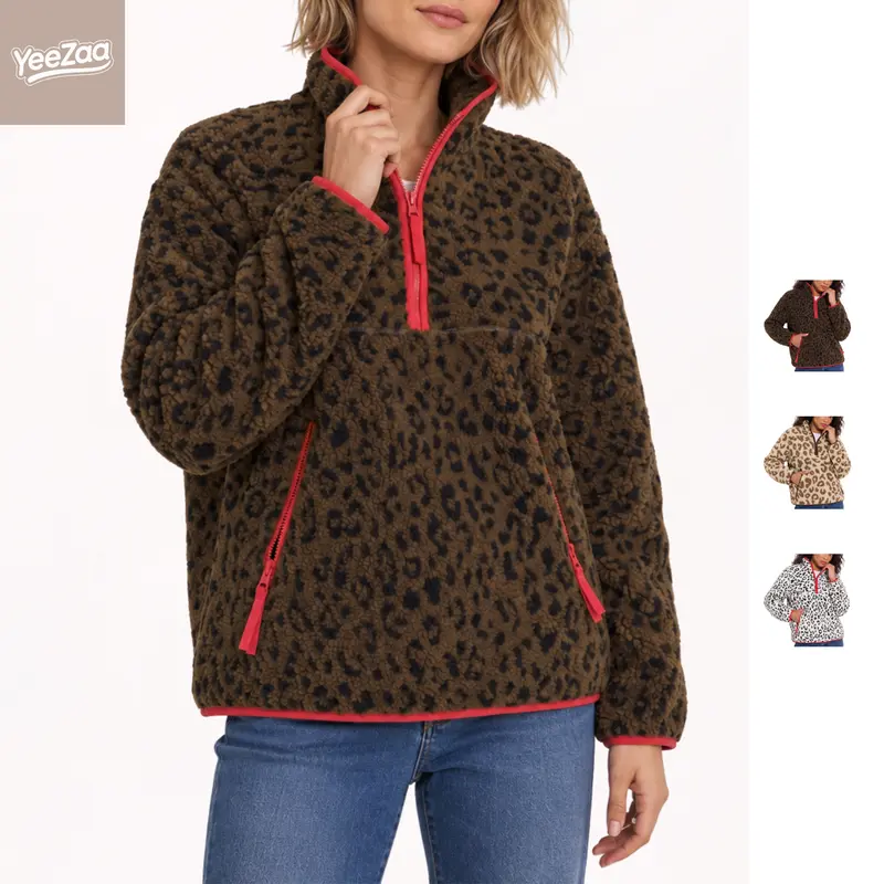 Women's Fuzzy Leopard Print Half Zip Fleece Jacket Long Sleeve Sherpa Pullover Sweatshirt Warm Fall Winter Chunky Teddy Coat Outerwear