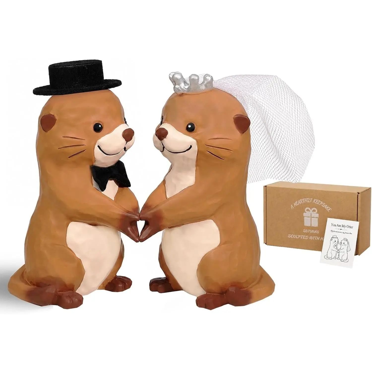 Wedding Cake Toppers, Otter Bride and Groom Couple Cake Topper for Wedding Engagement Anniversary, Unique Cute Figurine Keepsake with Veil and Top Hat