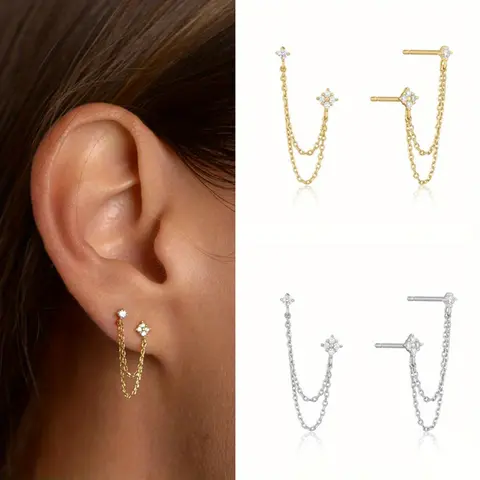 2 Pairs Gold+ Silver  Elegant Women Chain Tassels Earrings Exquisite Shiny Zirconia Earrings Personalized Ear Loops Long Chain Tassel Earrings Set Party Fashion Jewelry Gift