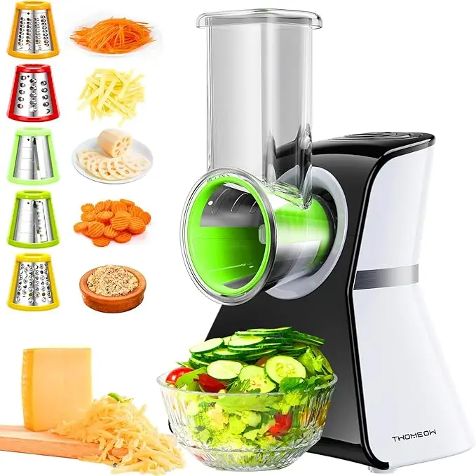 Electric Rotary Grater Salad Shooter - 5-In-1 Multi-Functional Cheese Grater with Safety Push Bar, One-Touch Operation, and Interchangeable Cones Vege