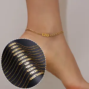 Fashionable and Simple Summer 12 Constellation English Letter Cuban Chain Stainless Steel Foot Chain Suitable for Daily Vacation, Beach, Mother's Day Accessories