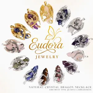 Eudora Guardian Dragon Crystal Necklace, Silver Plated Jewelry with Amethyst, Tiger Eye, Obsidian, Labradorite, Protection Amulet Pendant for Men & Women