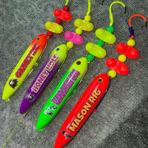The Littles 4 Pack (11cm): Mason, Chunky, Honey Hole, and Wabamm Rigs on 4/0 Hooks and 80 pound mono leader lines