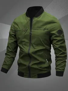 Men's Army Green Stand Collar Casual Jacket Long Sleeve Spring Autumn Trendy Sports Apparel Menswear