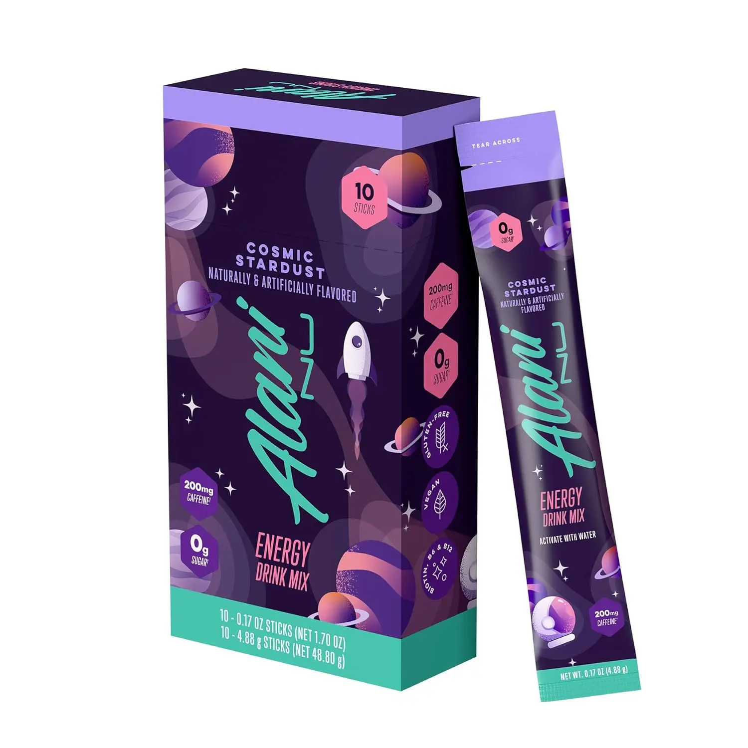 Alani Nu COSMIC STARDUST Energy Sticks Drink Powder - 10 Pack, 200mg Caffeine, 0 Sugar, 5 Calories, Pre-Workout Performance, Antioxidants, Biotin, B Vitamins, On-The-Go Mix