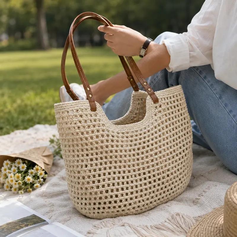 Crochet Tote Bag for Women, Hollow Out Knitted Mesh Shoulder Bag with Faux Leather Handles, Summer Beach Bag, Boho Woven Purse for Travel, Vacation, Shopping & Daily Use, Lightweight Casual Tote, Everyday Carry Bag