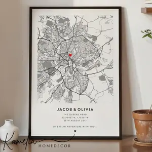 Personalized Couple Map Poster Unframed, Engagement Valentine Gift For Couple, Custom Love Location Wall Art Print