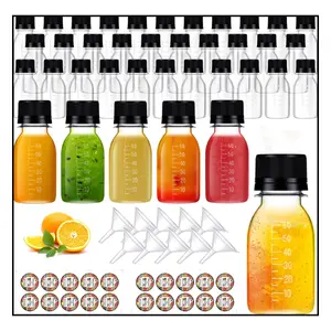 100 Pcs 2 oz Plastic Juice Shot Bottles with Caps, Clear Ginger Shots Bottles with Lids, Mini Jar for Liquids with Scale and Labels Portable Mini Containers for Ginger Juice Milk (Black Caps, 2OZ)