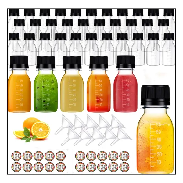 100 Pcs 2 oz Plastic Juice Shot Bottles with Caps, Clear Ginger Shots Bottles with Lids, Mini Jar for Liquids with Scale and Labels Portable Mini Containers for Ginger Juice Milk (Black Caps, 2OZ)