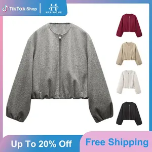 Womens Cropped Bomber Jacket Casual Zip Up Varsity Jackets Trendy Outwear Coats with Welt Pockets
