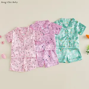 Easter two-piece pajamas set for young girls - rabbit egg print button short-sleeved shirt + shorts, cute baby pajamas (0-4T, multiple colors)