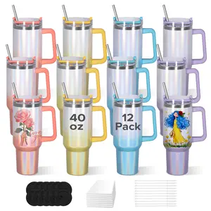 FASTSUB 12 Pack 40oz Gradient Sublimation Tumbler with Handle and Straw, Glitter Stainless Steel Double Wall Vacuum Insulated Bulk Sublimation Blank Traveler - Holographic Ombre Mixed Colors, for Heat Transfer Machine Printing