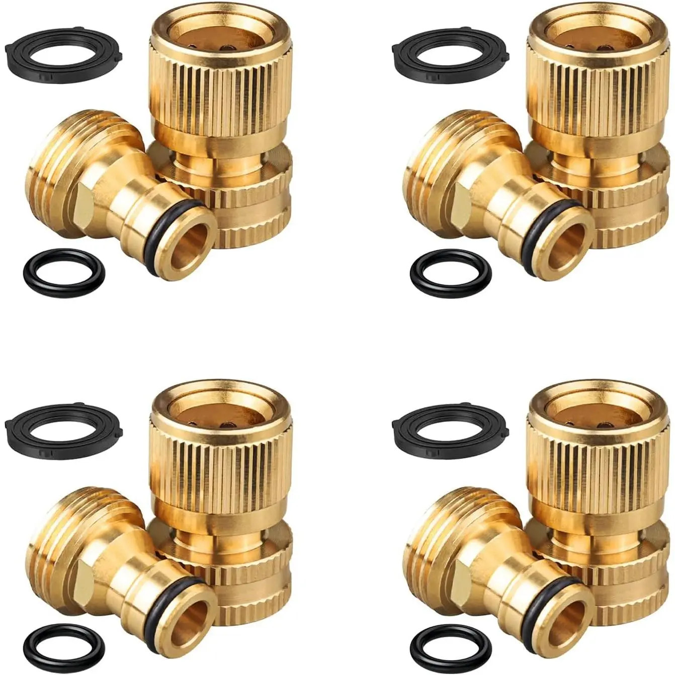 Garden Hose Quick Connector, Solid Brass Standard 3/4 inch GHT Threaded Couplings,Garden Hose Quick Connect Fittings Kit, Easy to Install,No-Leak Water Female and Male Connector (4- set)