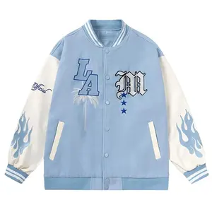 Letter Embroidery Men's Baseball Jacket Y2k Flame Leather Varsity Jacket Windbreaker High Street Hip-Hop Vintage Coat Clothing