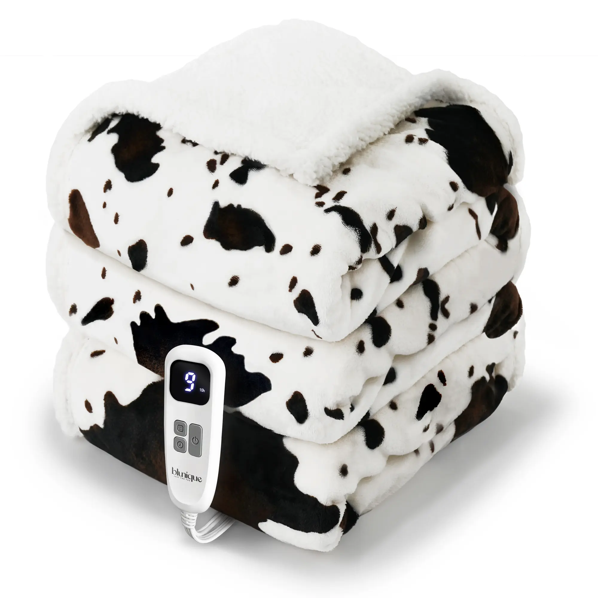 BLUNIQUE Cow-Print Heatable Electric Throw Blanket, 50x60 in, Adjustable Thermostat (10 Heat Settings), 4-Hour Auto Shut-Off, Quick Heating, Machine Washable Flannel-Sherpa, Convenience for Couch, Bedroom